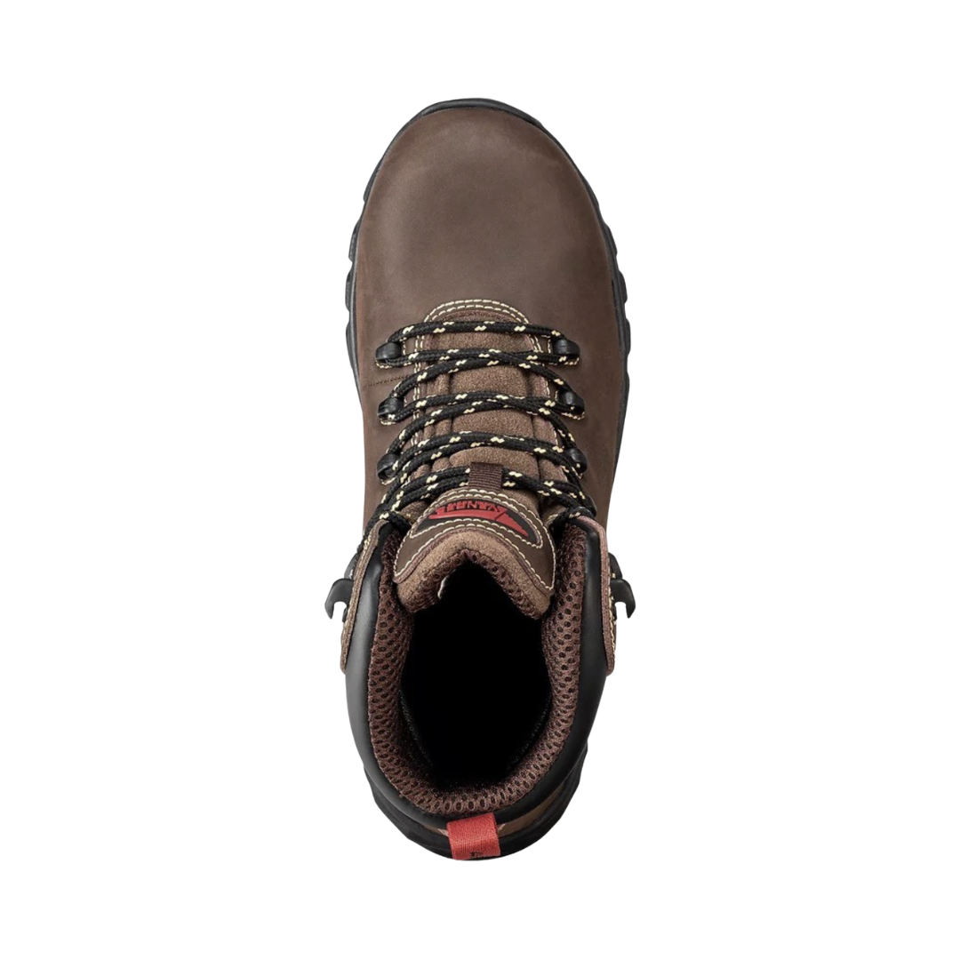 Top view of the Avenger Women’s Flight 6" Aluminum Toe Boot in Brown displaying the full-grain leather upper, secure lace-up closure, padded collar, removable PU comfort insole, and breathable waterproof construction designed for personalized support and all-day cushioning.