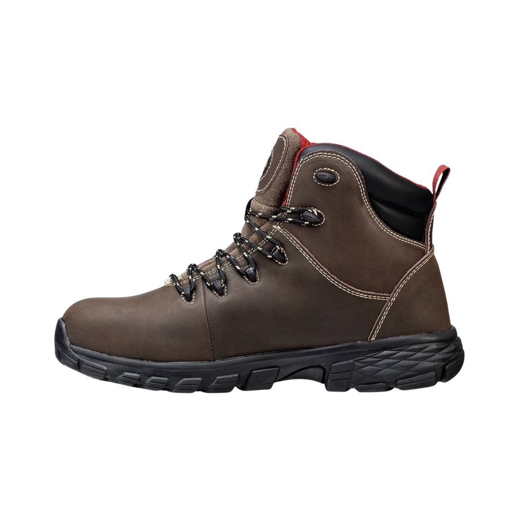 Avenger Men’s Flight 6" Aluminum Toe Boot in Brown featuring a rugged full-grain leather upper, 6-inch waterproof work boot design, lightweight ASTM-rated aluminum safety toe, cushioned EVA midsole, removable PU comfort insole, and oil- and slip-resistant outsole built for construction, warehouse, and industrial work.