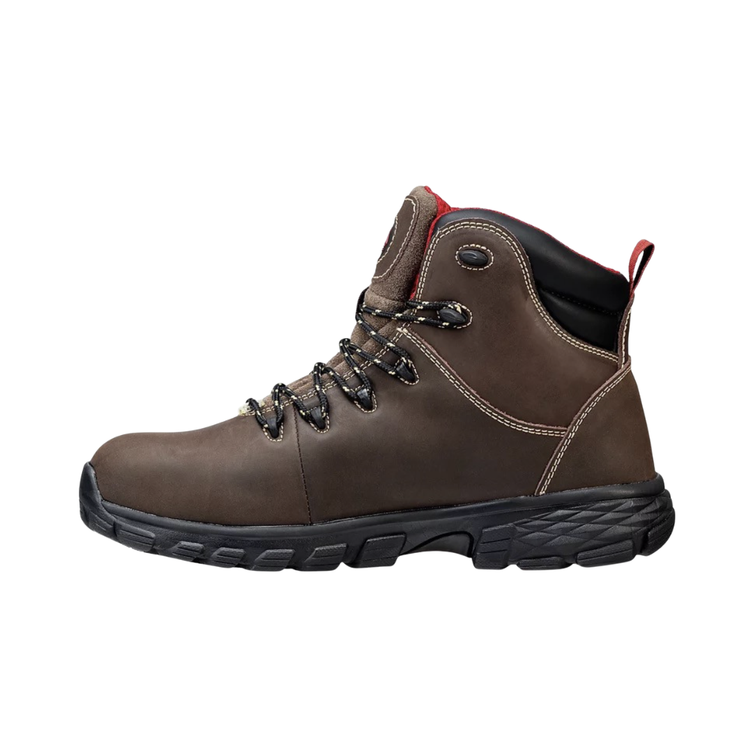 Avenger Men’s Flight 6" Aluminum Toe Boot in Brown featuring a rugged full-grain leather upper, 6-inch waterproof work boot design, lightweight ASTM-rated aluminum safety toe, cushioned EVA midsole, removable PU comfort insole, and oil- and slip-resistant outsole built for construction, warehouse, and industrial work.