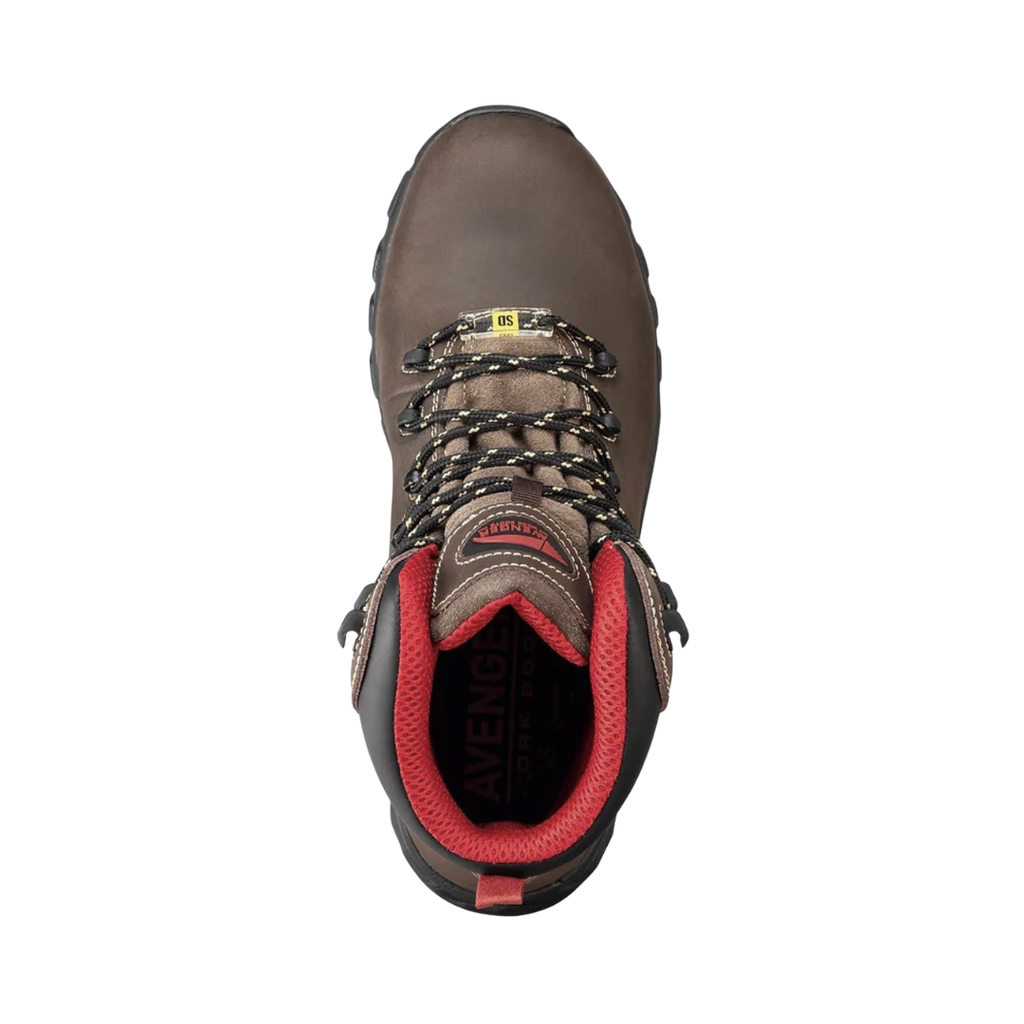 Top view of the Avenger Men’s Flight 6" Aluminum Toe Boot in Brown displaying the premium full-grain leather upper, secure lace-up closure, padded collar, removable PU comfort insole, and waterproof construction designed for all-day support, cushioning, and custom orthotic compatibility.