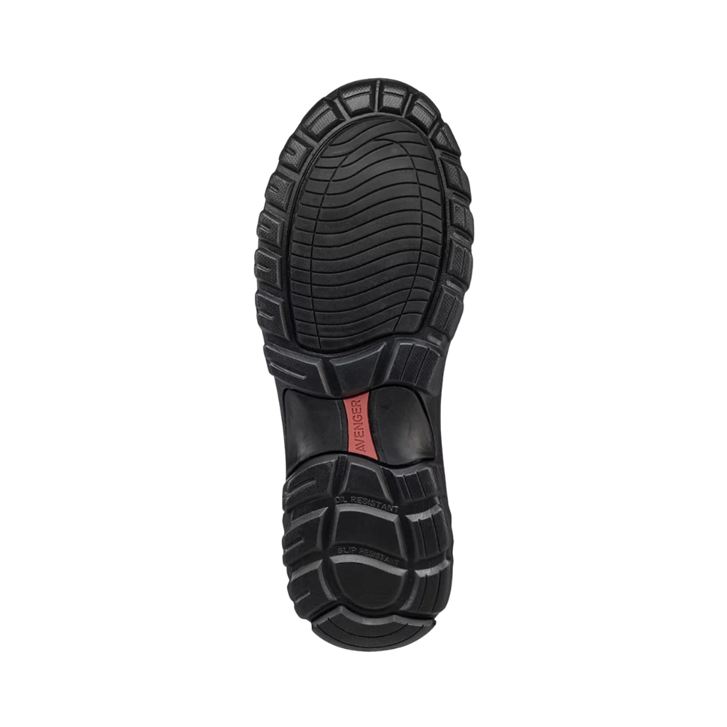 Bottom outsole view of the Avenger Men’s Flight 6" Aluminum Toe Boot in Brown featuring the oil- and slip-resistant rubber tread, puncture-resistant plate, durable traction pattern, and electrical hazard-rated construction designed to provide stability and support for conditions such as plantar fasciitis, flat feet, heel spurs, joint pain, arthritis, lower back pain, knee pain, and general foot fatigue.