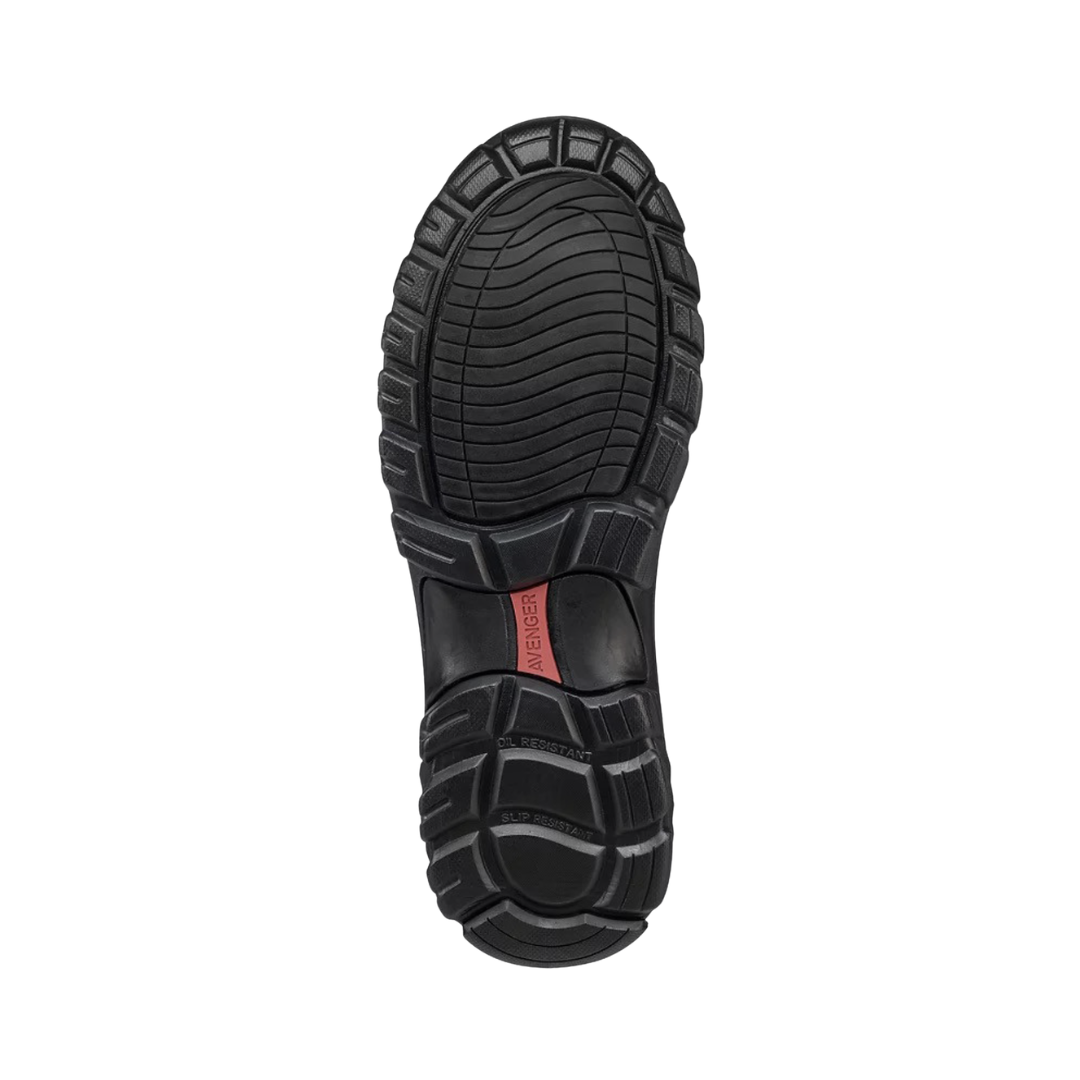 Bottom outsole view of the Avenger Men’s Flight 6" Aluminum Toe Boot in Brown featuring the oil- and slip-resistant rubber tread, puncture-resistant plate, durable traction pattern, and electrical hazard-rated construction designed to provide stability and support for conditions such as plantar fasciitis, flat feet, heel spurs, joint pain, arthritis, lower back pain, knee pain, and general foot fatigue.