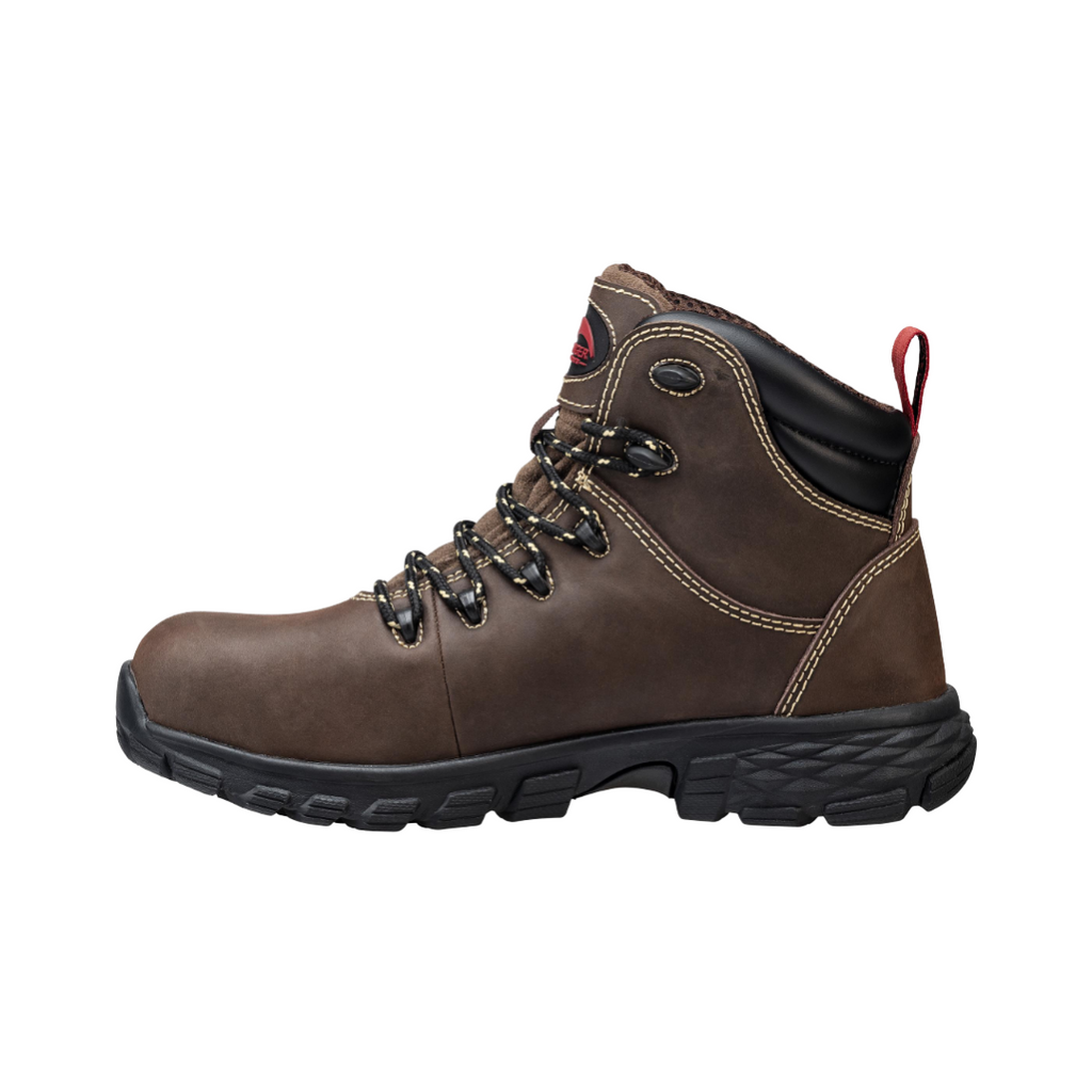 Avenger Women’s Flight 6" Aluminum Toe Boot in Brown featuring a durable full-grain leather upper, 6-inch waterproof work boot design, lightweight ASTM-rated aluminum safety toe, cushioned EVA midsole, removable PU comfort insole, and oil- and slip-resistant outsole designed for construction, warehouse, and industrial work environments.