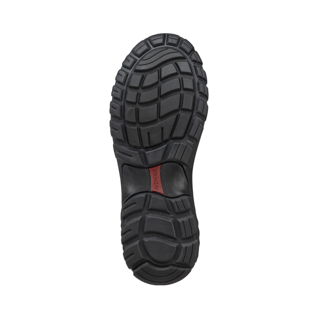 Bottom outsole view of the Avenger Women’s Flight 6" Aluminum Toe Boot in Brown featuring the oil- and slip-resistant tread, puncture-resistant plate, durable traction pattern, and electrical hazard-rated construction designed to provide stability and support for conditions such as plantar fasciitis, flat feet, heel spurs, joint pain, arthritis, lower back pain, knee pain, and general foot fatigue.