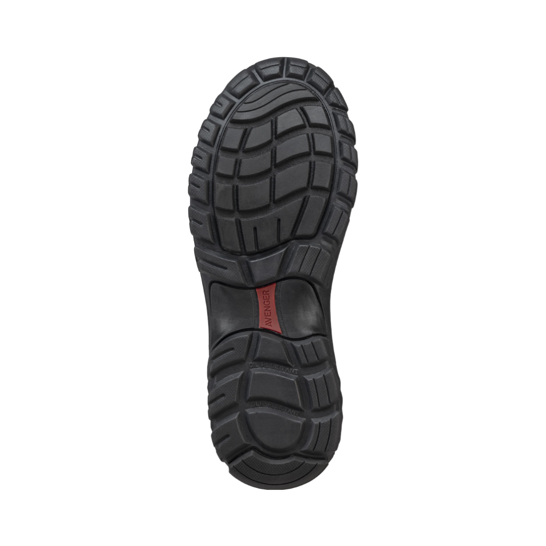 Bottom outsole view of the Avenger Women’s Flight 6" Aluminum Toe Boot in Brown featuring the oil- and slip-resistant tread, puncture-resistant plate, durable traction pattern, and electrical hazard-rated construction designed to provide stability and support for conditions such as plantar fasciitis, flat feet, heel spurs, joint pain, arthritis, lower back pain, knee pain, and general foot fatigue.