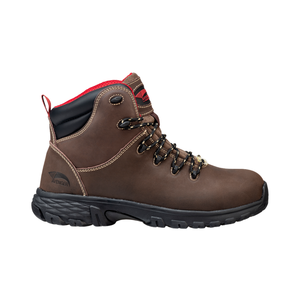 Avenger Men’s Flight 6" Aluminum Toe Boot in Brown featuring a rugged full-grain leather upper, 6-inch waterproof work boot design, lightweight ASTM-rated aluminum safety toe, cushioned EVA midsole, removable PU comfort insole, and oil- and slip-resistant outsole built for construction, warehouse, and industrial work.