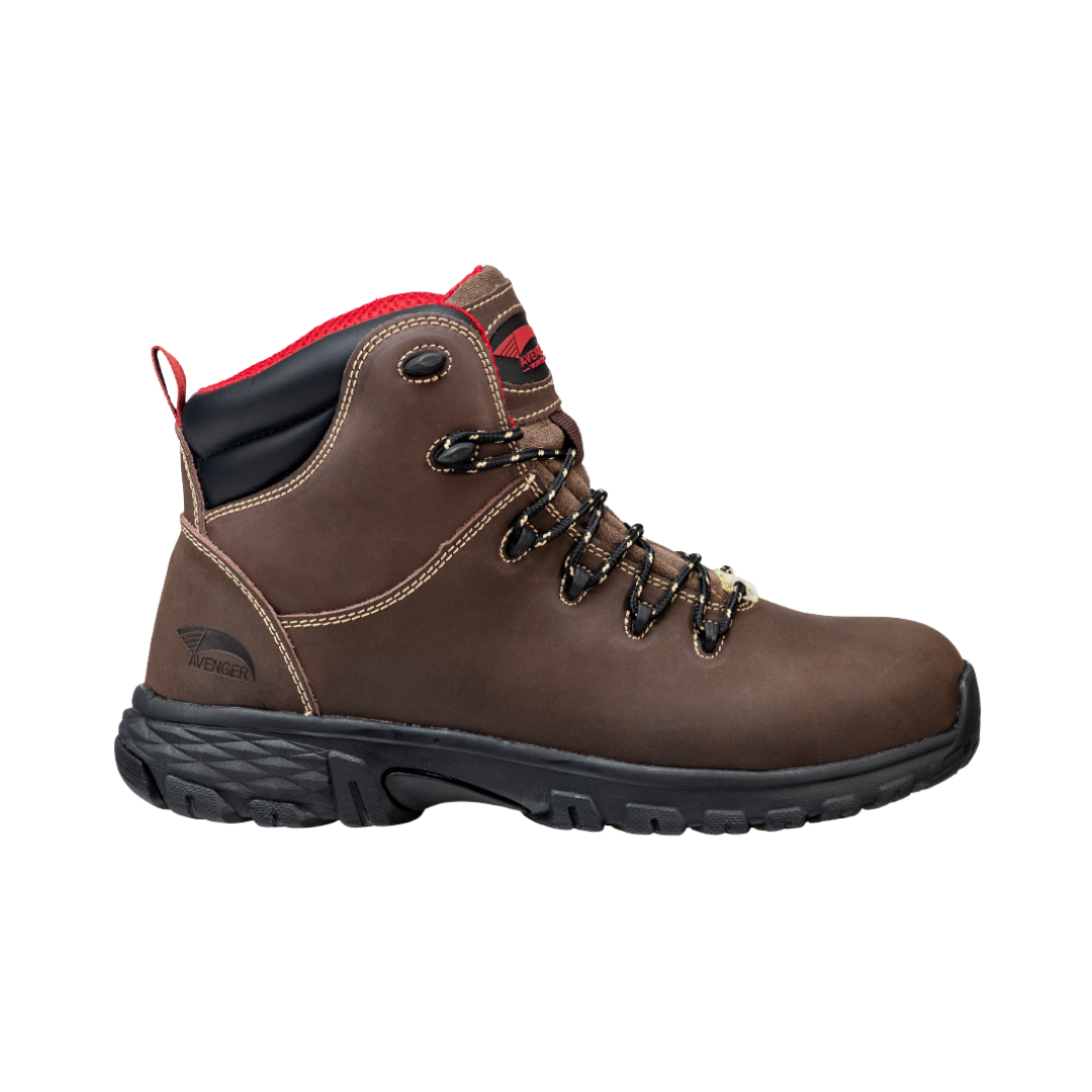 Avenger Men’s Flight 6" Aluminum Toe Boot in Brown featuring a rugged full-grain leather upper, 6-inch waterproof work boot design, lightweight ASTM-rated aluminum safety toe, cushioned EVA midsole, removable PU comfort insole, and oil- and slip-resistant outsole built for construction, warehouse, and industrial work.