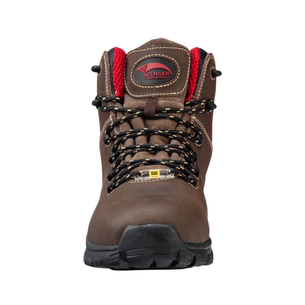 Front view of the Avenger Men’s Flight 6" Aluminum Toe Boot in Brown showcasing the lightweight aluminum safety toe, durable waterproof leather construction, reinforced toe protection, and designed to provide lasting comfort and dependable protection throughout demanding workdays.