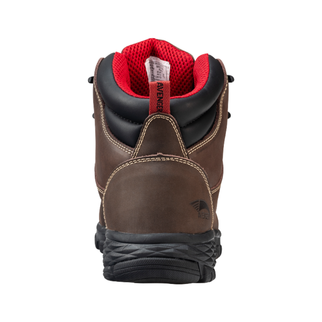 Back heel view of the Avenger Men’s Flight 6" Aluminum Toe Boot in Brown highlighting the supportive ankle-height design, reinforced heel construction, waterproof membrane, cushioned midsole, and stable outsole for enhanced comfort and durability on challenging job sites.