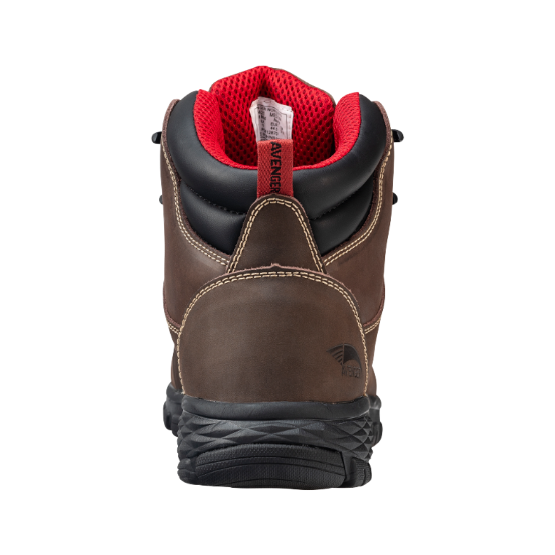 Back heel view of the Avenger Men’s Flight 6" Aluminum Toe Boot in Brown highlighting the supportive ankle-height design, reinforced heel construction, waterproof membrane, cushioned midsole, and stable outsole for enhanced comfort and durability on challenging job sites.