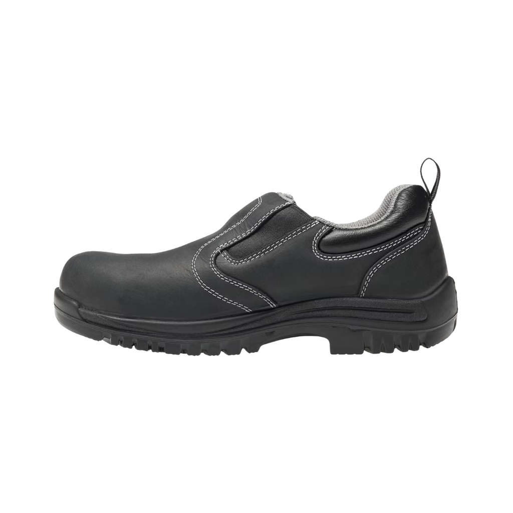 Side view of the Avenger Women’s Foreman Slip-On Composite Toe in Black featuring a sleek full-grain leather upper, convenient slip-on design with elastic gore panels, ASTM-rated composite safety toe, removable dual-density cushioned insole, and slip- & oil-resistant rubber outsole designed for professional work environments.