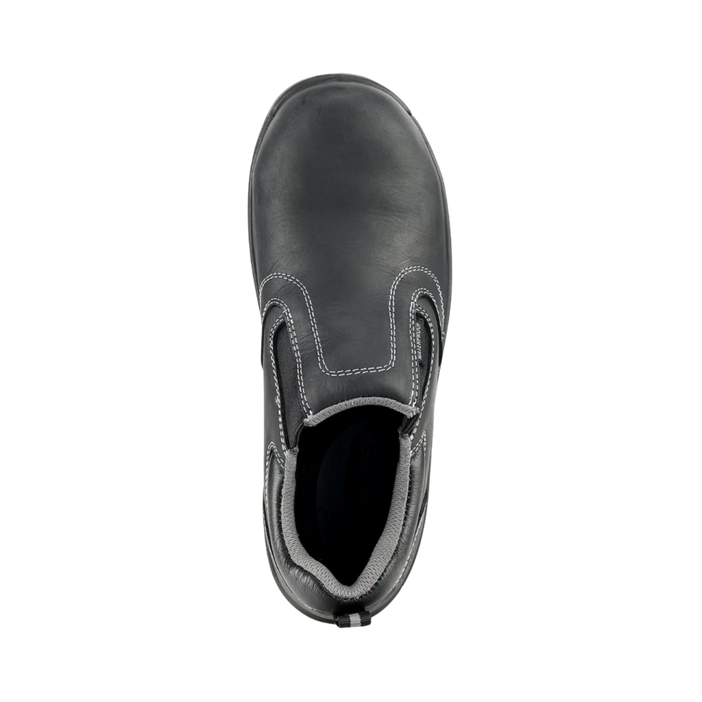Top view of the Avenger Women’s Foreman Slip-On Composite Toe in Black displaying the smooth leather upper, easy slip-on entry, elastic gore panels, padded collar, and removable dual-density cushioned insole designed for shock absorption, arch support, and all-day comfort.