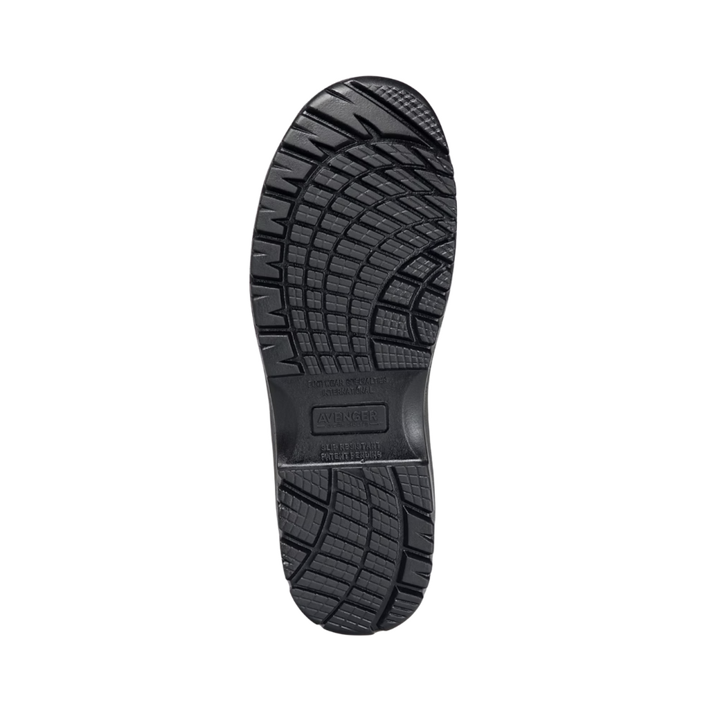 Bottom outsole view of the Avenger Women’s Foreman Slip-On Composite Toe in Black featuring the slip- and oil-resistant rubber outsole with durable traction designed for stability on slick, wet, or oily surfaces while supporting conditions such as plantar fasciitis, heel pain, flat feet, mild overpronation, joint pain, knee pain, sensitive feet, and general foot fatigue.