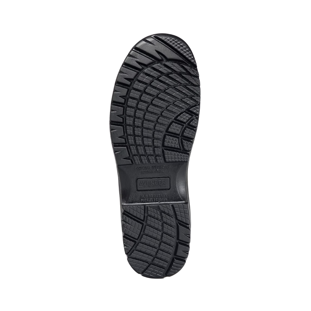 Bottom outsole view of the Avenger Women’s Foreman Slip-On Composite Toe in Black featuring the slip- and oil-resistant rubber outsole with durable traction designed for stability on slick, wet, or oily surfaces while supporting conditions such as plantar fasciitis, heel pain, flat feet, mild overpronation, joint pain, knee pain, sensitive feet, and general foot fatigue.