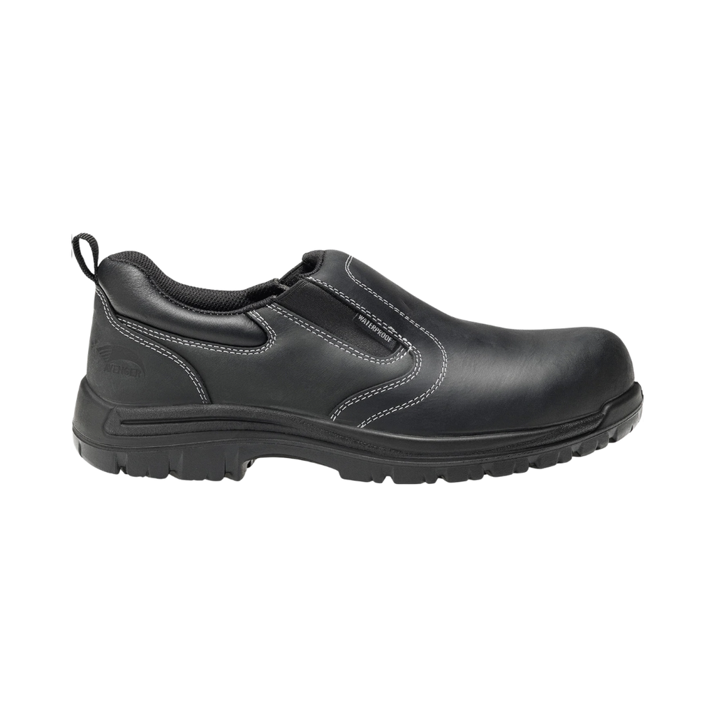 Avenger Men’s Foreman Slip-On Composite Toe Boot in Black featuring a durable full-grain leather upper, convenient slip-on design with elastic panels, ASTM-rated composite safety toe, waterproof membrane, pillow cushion footbed, and oil- and slip-resistant outsole designed for demanding work environments.