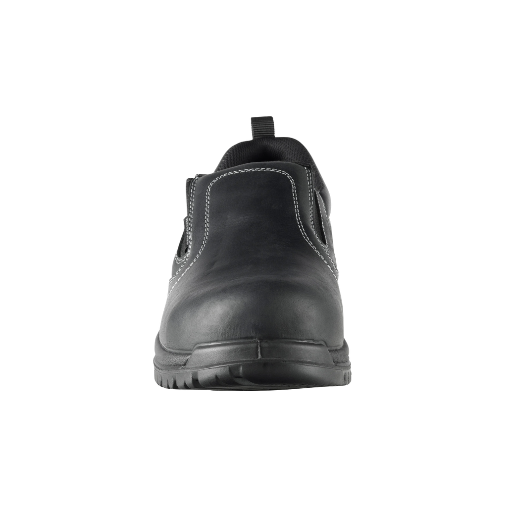 Front view of the Avenger Men’s Foreman Slip-On Composite Toe Boot in Black showcasing the protective composite safety toe, sleek full-grain leather construction, non-metallic design, and is designed for comfort, protection, and additional forefoot space during long workdays.
