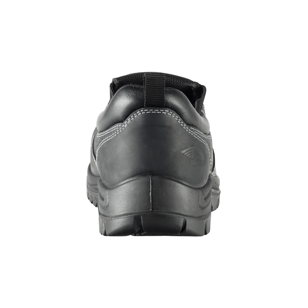 Back heel view of the Avenger Men’s Foreman Slip-On Composite Toe Boot in Black highlighting the reinforced heel construction, supportive collar design, durable leather upper, and slip-resistant outsole platform for enhanced stability and all-day workplace comfort.