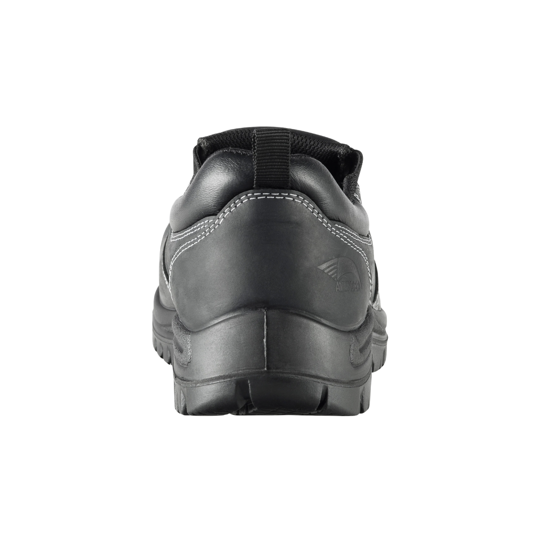 Back heel view of the Avenger Men’s Foreman Slip-On Composite Toe Boot in Black highlighting the reinforced heel construction, supportive collar design, durable leather upper, and slip-resistant outsole platform for enhanced stability and all-day workplace comfort.