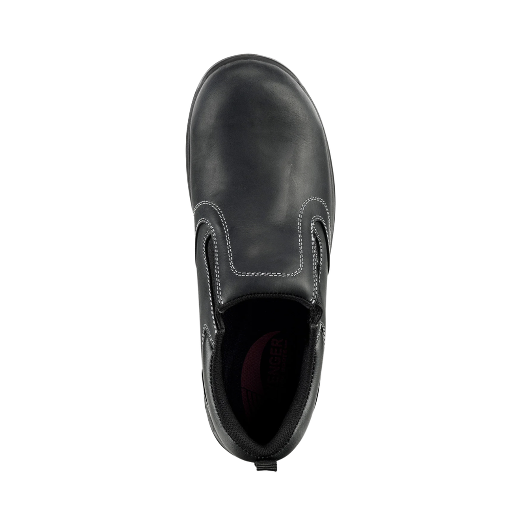 Top view of the Avenger Men’s Foreman Slip-On Composite Toe Boot in Black displaying the smooth leather upper, elastic gore panels for easy entry, padded collar, slip-on construction, and cushioned pillow footbed designed for shock absorption and long-lasting comfort.