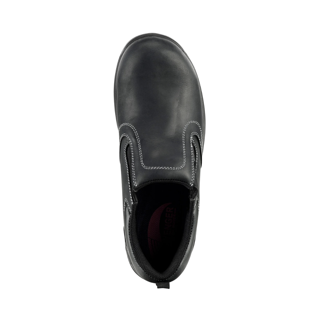 Top view of the Avenger Men’s Foreman Slip-On Composite Toe Boot in Black displaying the smooth leather upper, elastic gore panels for easy entry, padded collar, slip-on construction, and cushioned pillow footbed designed for shock absorption and long-lasting comfort.
