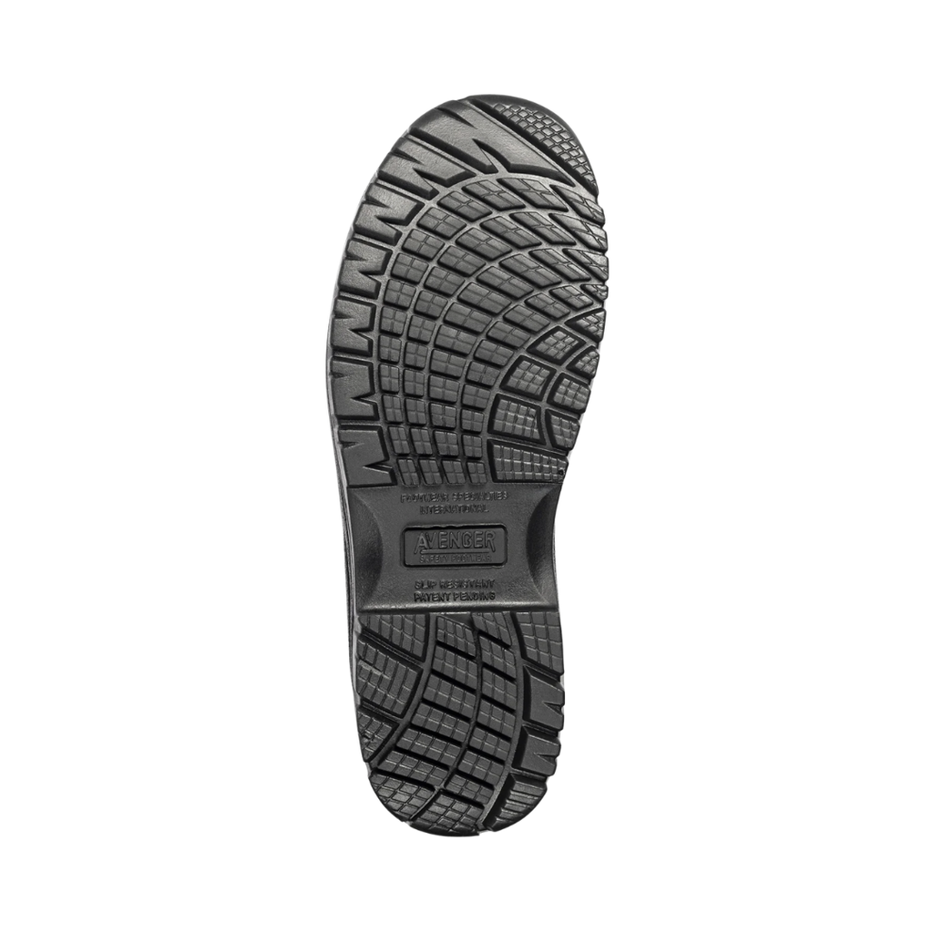Bottom outsole view of the Avenger Men’s Foreman Slip-On Composite Toe Boot in Black featuring the oil- and slip-resistant rubber outsole designed for dependable traction, durability, and stability on slick, wet, or uneven surfaces while supporting conditions such as plantar fasciitis, heel pain, arch discomfort, joint stress, ankle fatigue, and general foot fatigue.