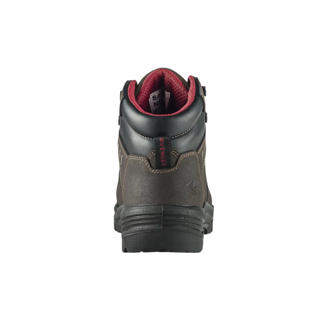 Back heel view of the Avenger Men’s Foundation 6" Carbon Toe Boot in Brown highlighting the supportive 6-inch ankle design, reinforced heel construction, waterproof full-grain leather upper, moisture-wicking mesh lining, and stable outsole platform for enhanced durability and all-day comfort.