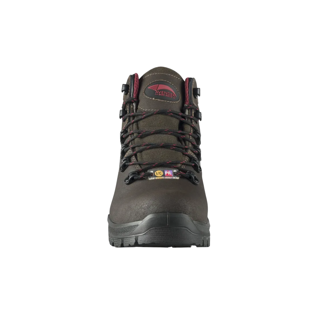 Front view of the Avenger Men’s Foundation 6" Carbon Toe Boot in Brown showcasing the lightweight carbon nanofiber safety toe, internal metatarsal protection, reinforced leather toe construction, and is designed for maximum protection, comfort, and additional forefoot space during long workdays.
