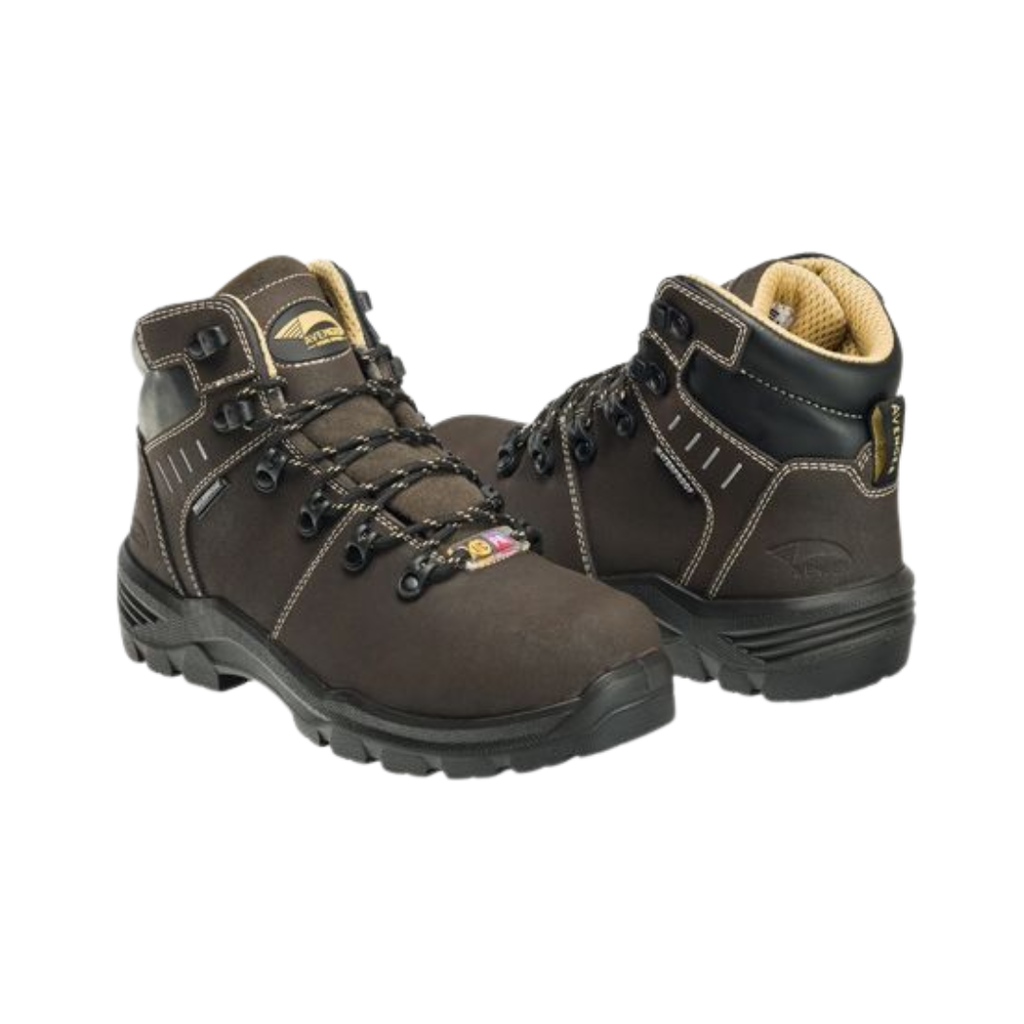 Side view of the Avenger Women’s Foundation 6" Carbon Toe Boot in Brown featuring a waterproof full-grain leather upper, 6-inch work boot design, ASTM-rated carbon nanofiber safety toe, internal MET Guard, puncture-resistant plate, cushioned PU footbed, and durable slip- and oil-resistant rubber outsole built for demanding work environments.