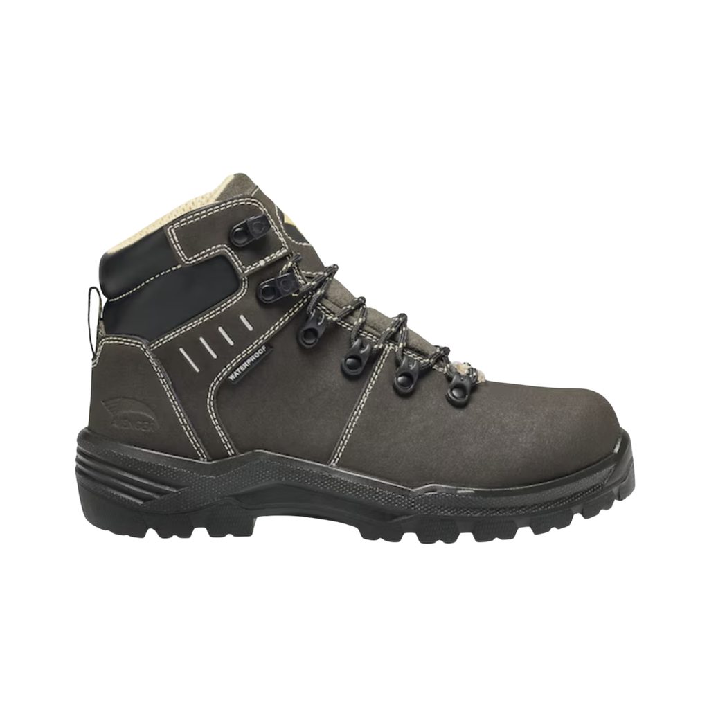 Side view of the Avenger Women’s Foundation 6" Carbon Toe Boot in Brown featuring a waterproof full-grain leather upper, 6-inch work boot design, ASTM-rated carbon nanofiber safety toe, internal MET Guard, puncture-resistant plate, cushioned PU footbed, and durable slip- and oil-resistant rubber outsole built for demanding work environments.