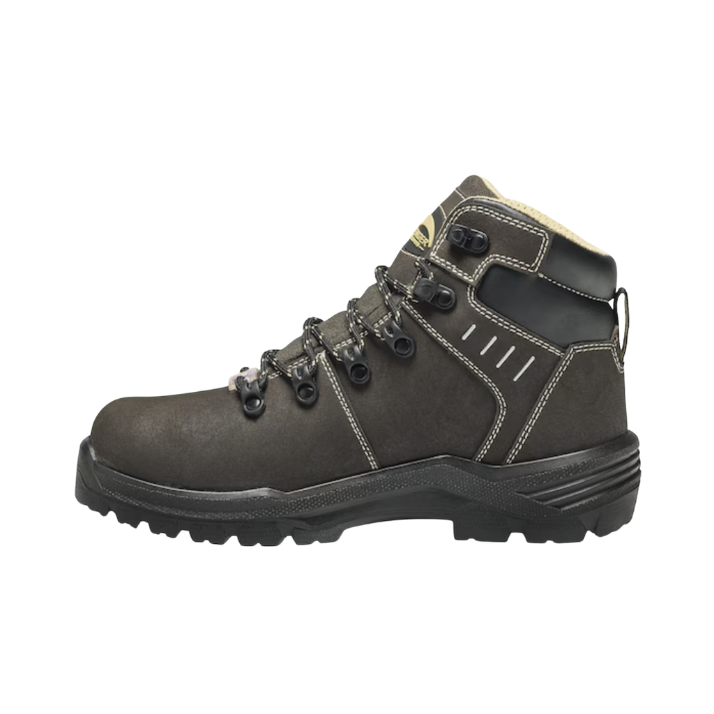Side view of the Avenger Women’s Foundation 6" Carbon Toe Boot in Brown featuring a waterproof full-grain leather upper, 6-inch work boot design, ASTM-rated carbon nanofiber safety toe, internal MET Guard, puncture-resistant plate, cushioned PU footbed, and durable slip- and oil-resistant rubber outsole built for demanding work environments.