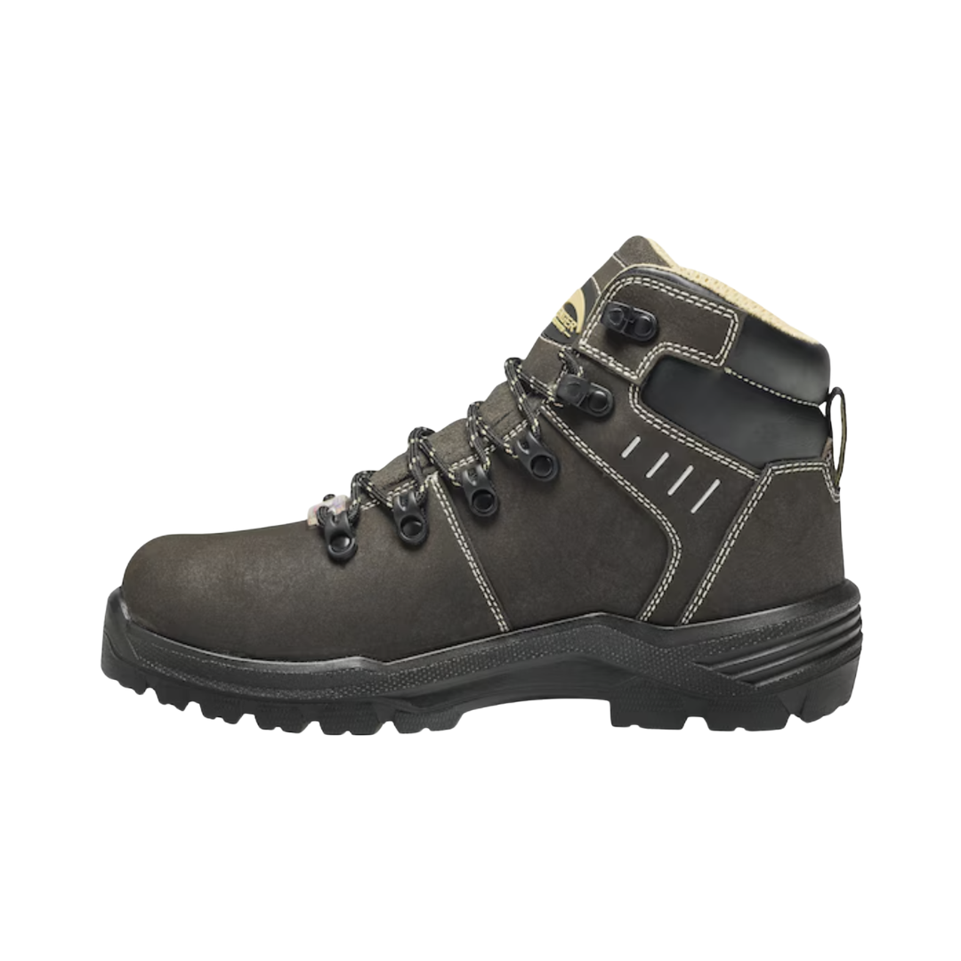 Side view of the Avenger Women’s Foundation 6" Carbon Toe Boot in Brown featuring a waterproof full-grain leather upper, 6-inch work boot design, ASTM-rated carbon nanofiber safety toe, internal MET Guard, puncture-resistant plate, cushioned PU footbed, and durable slip- and oil-resistant rubber outsole built for demanding work environments.