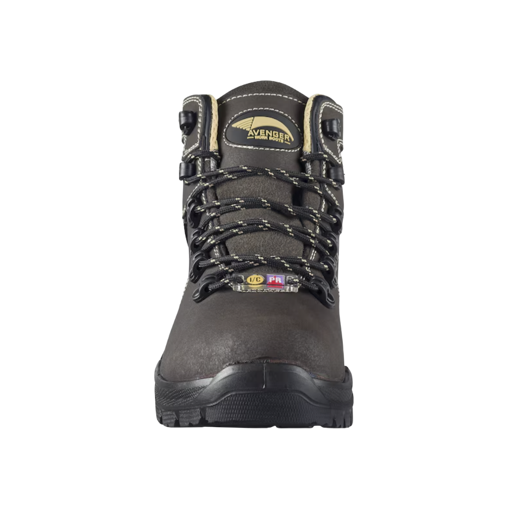Front view of the Avenger Women’s Foundation 6" Carbon Toe Boot in Brown showcasing the lightweight carbon nanofiber safety toe, internal metatarsal protection, reinforced leather toe construction, and is designed for dependable protection, comfort, and natural forefoot movement during long workdays.
