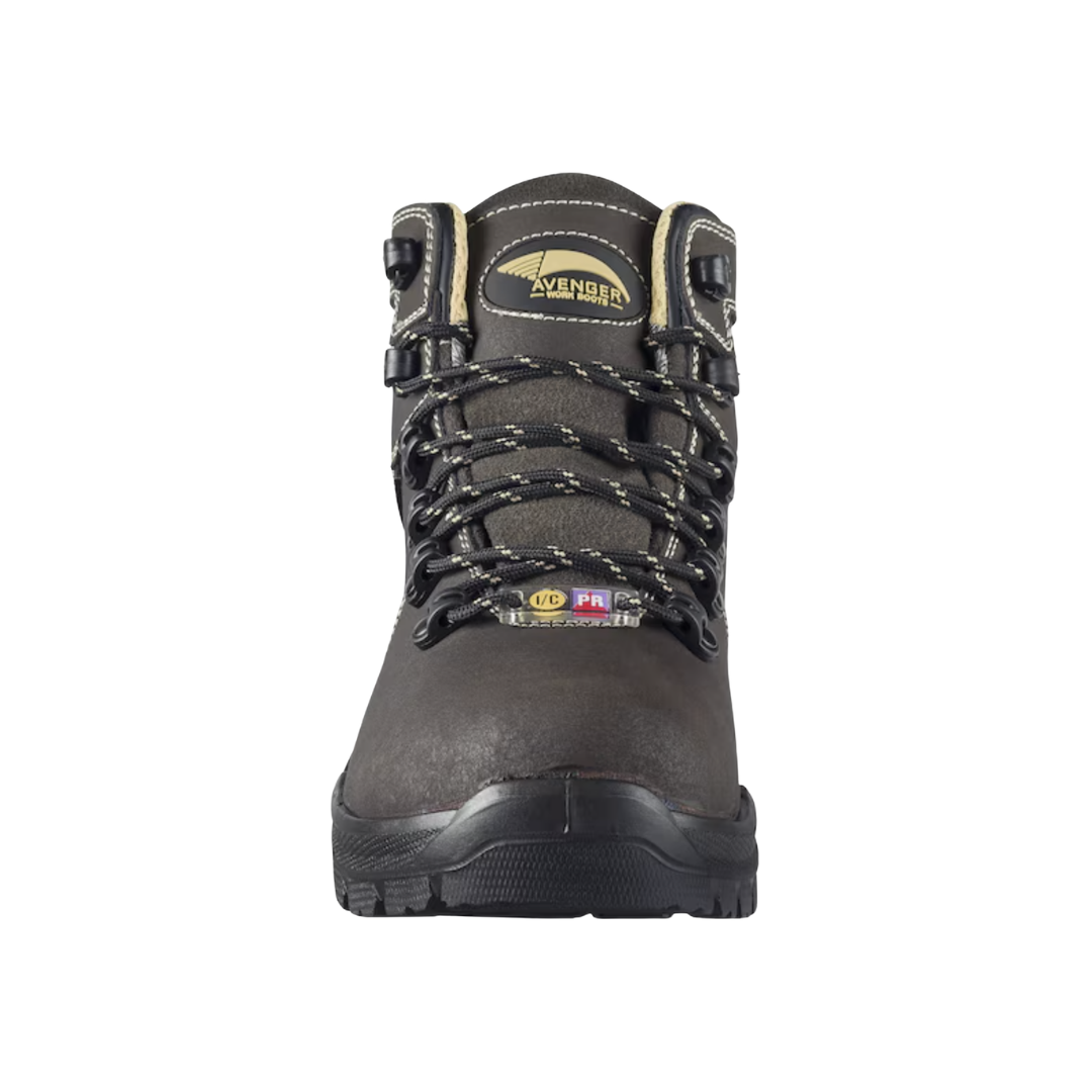 Front view of the Avenger Women’s Foundation 6" Carbon Toe Boot in Brown showcasing the lightweight carbon nanofiber safety toe, internal metatarsal protection, reinforced leather toe construction, and is designed for dependable protection, comfort, and natural forefoot movement during long workdays.