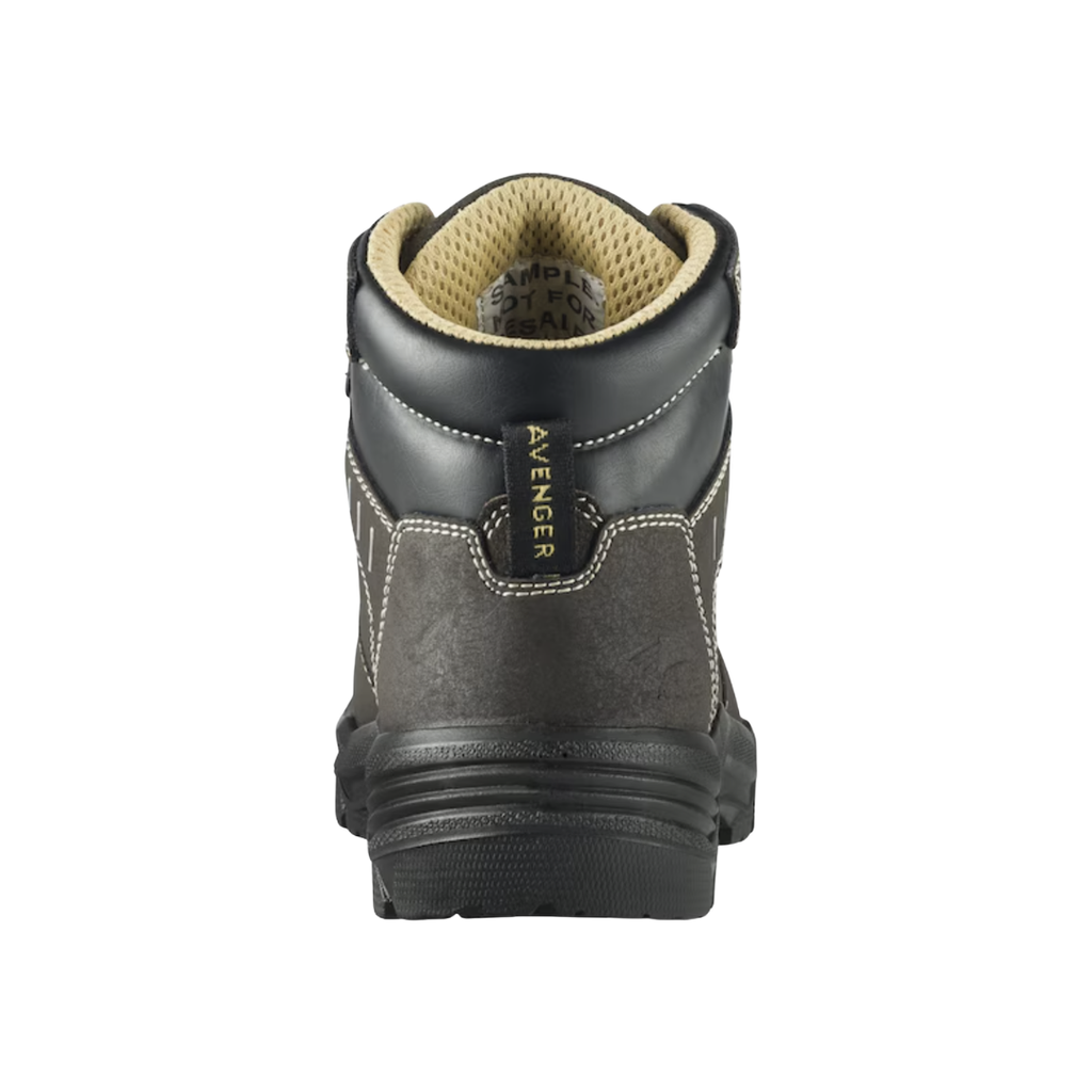 Back heel view of the Avenger Women’s Foundation 6" Carbon Toe Boot in Brown highlighting the supportive 6-inch ankle design, reinforced heel construction, waterproof full-grain leather upper, moisture-wicking mesh lining, and stable outsole platform for enhanced durability and all-day comfort.