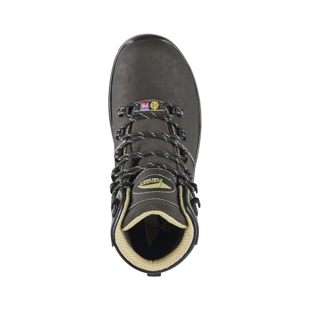 Top view of the Avenger Women’s Foundation 6" Carbon Toe Boot in Brown displaying the premium leather upper, lace-up closure, padded collar, breathable moisture-wicking mesh lining, and cushioned PU footbed designed for shock absorption, arch support, and custom orthotic compatibility.