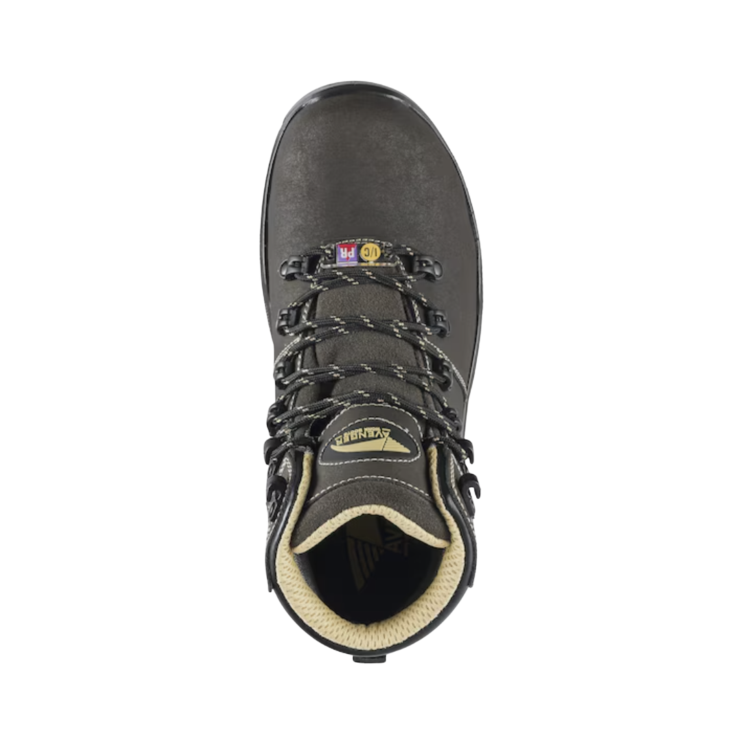 Top view of the Avenger Women’s Foundation 6" Carbon Toe Boot in Brown displaying the premium leather upper, lace-up closure, padded collar, breathable moisture-wicking mesh lining, and cushioned PU footbed designed for shock absorption, arch support, and custom orthotic compatibility.
