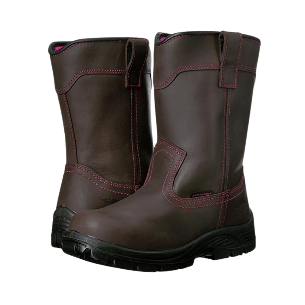 Side view of the Avenger Women’s Framer Wellington Composite Toe Boot in Brown featuring a durable full-grain leather upper, 12-inch Western-inspired pull-on shaft, ASTM-rated composite safety toe, dual pull tabs, removable cushioned insole, and oil- & slip-resistant rubber outsole designed for demanding work environments.