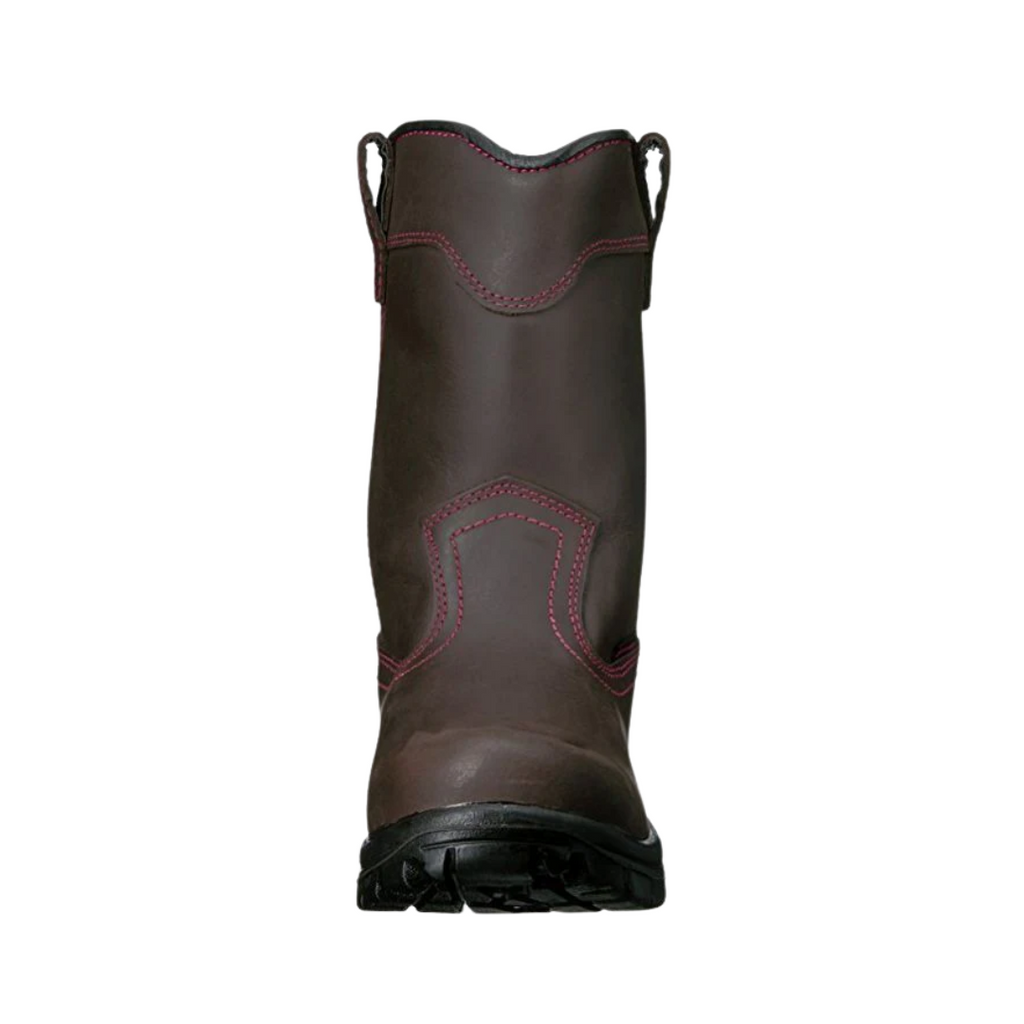 Front view of the Avenger Women’s Framer Wellington Composite Toe Boot in Brown showcasing the lightweight ASTM F2413-18 composite safety toe, reinforced leather toe construction, rounded toe design, and is designed for protection, comfort, and natural forefoot movement during long workdays.