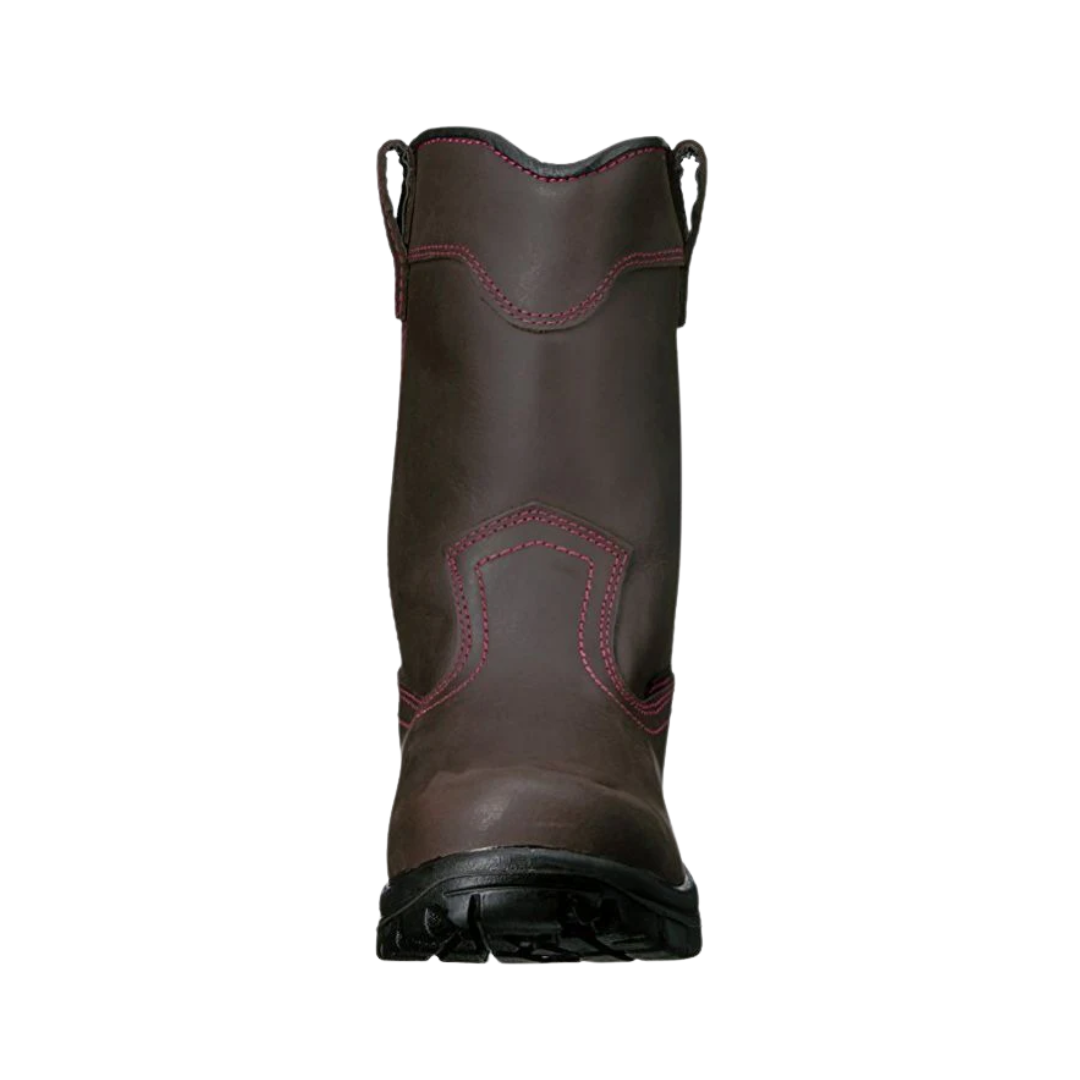 Front view of the Avenger Women’s Framer Wellington Composite Toe Boot in Brown showcasing the lightweight ASTM F2413-18 composite safety toe, reinforced leather toe construction, rounded toe design, and is designed for protection, comfort, and natural forefoot movement during long workdays.