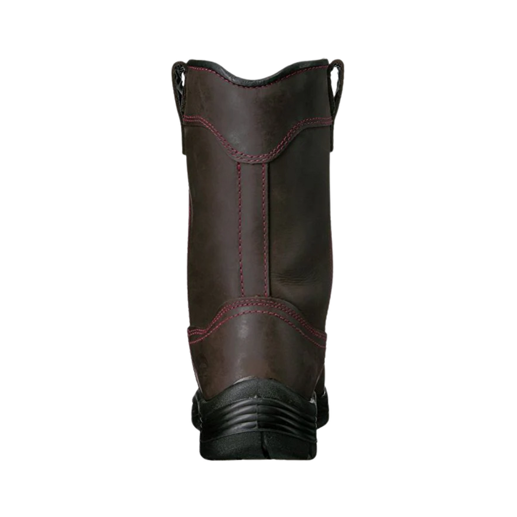 Back heel view of the Avenger Women’s Framer Wellington Composite Toe Boot in Brown highlighting the tall 12-inch shaft design, reinforced heel construction, pull-on boot structure, and stable outsole platform for enhanced support, durability, and workplace performance.
