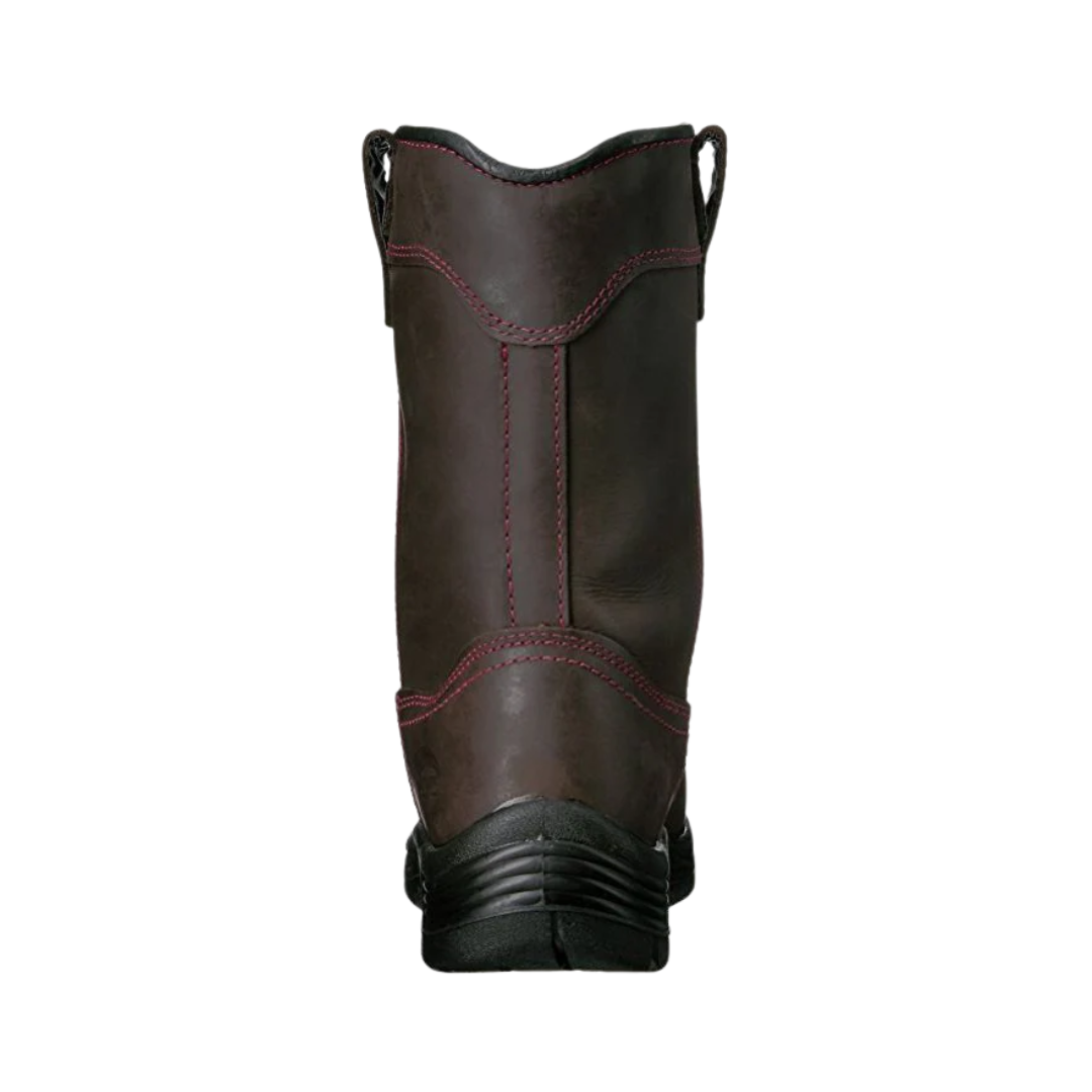 Back heel view of the Avenger Women’s Framer Wellington Composite Toe Boot in Brown highlighting the tall 12-inch shaft design, reinforced heel construction, pull-on boot structure, and stable outsole platform for enhanced support, durability, and workplace performance.