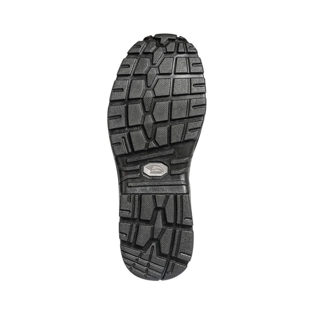 Bottom outsole view of the Avenger Women’s Framer Wellington Composite Toe Boot in Brown featuring the oil- & slip-resistant rubber outsole with durable traction designed for stability on wet, oily, or uneven surfaces while supporting conditions such as plantar fasciitis, heel pain, flat feet, mild overpronation, joint pain, knee pain, sensitive feet, and general foot fatigue.