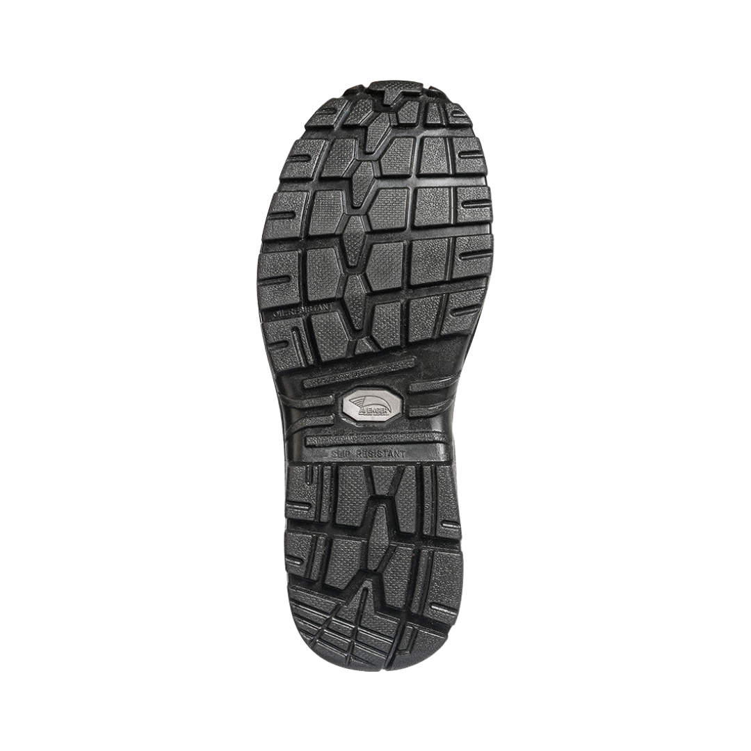 Bottom outsole view of the Avenger Women’s Framer Wellington Composite Toe Boot in Brown featuring the oil- & slip-resistant rubber outsole with durable traction designed for stability on wet, oily, or uneven surfaces while supporting conditions such as plantar fasciitis, heel pain, flat feet, mild overpronation, joint pain, knee pain, sensitive feet, and general foot fatigue.