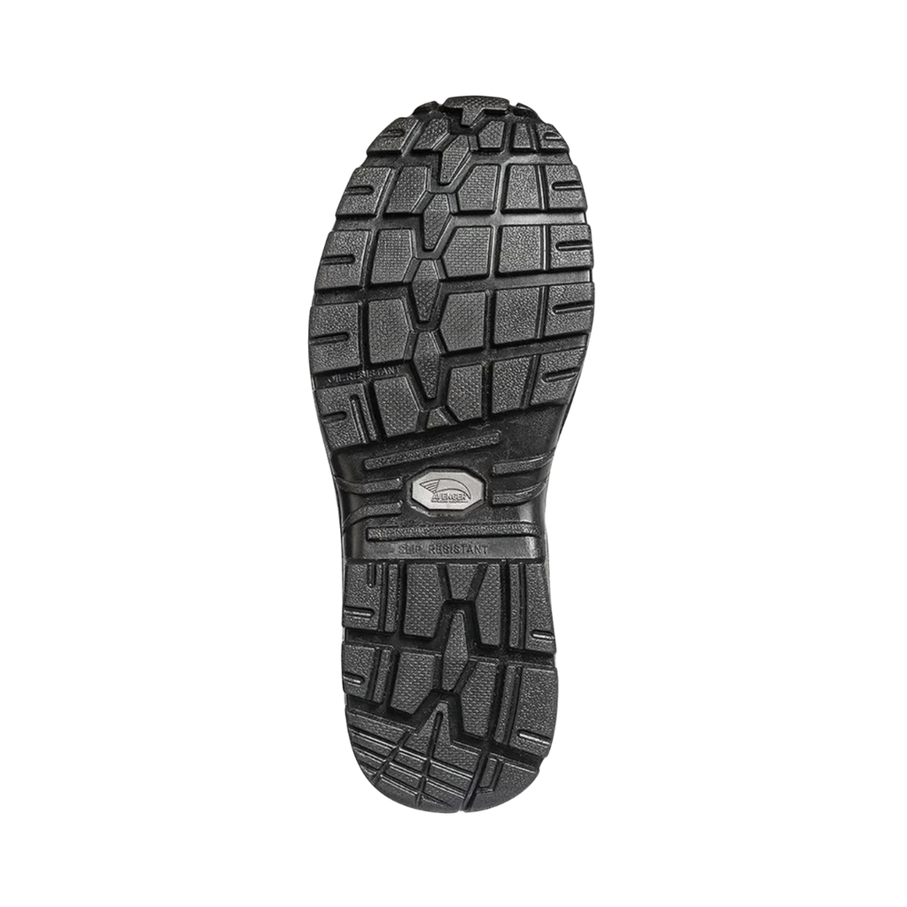 Bottom outsole view of the Avenger Men’s Framer 6" Waterproof Composite Toe Boot in Black featuring the durable work boot outsole designed for dependable traction, flexibility, and stability on demanding job sites while supporting conditions such as plantar fasciitis, heel pain, arch discomfort, metatarsalgia, ankle fatigue, joint stress, and general foot fatigue.