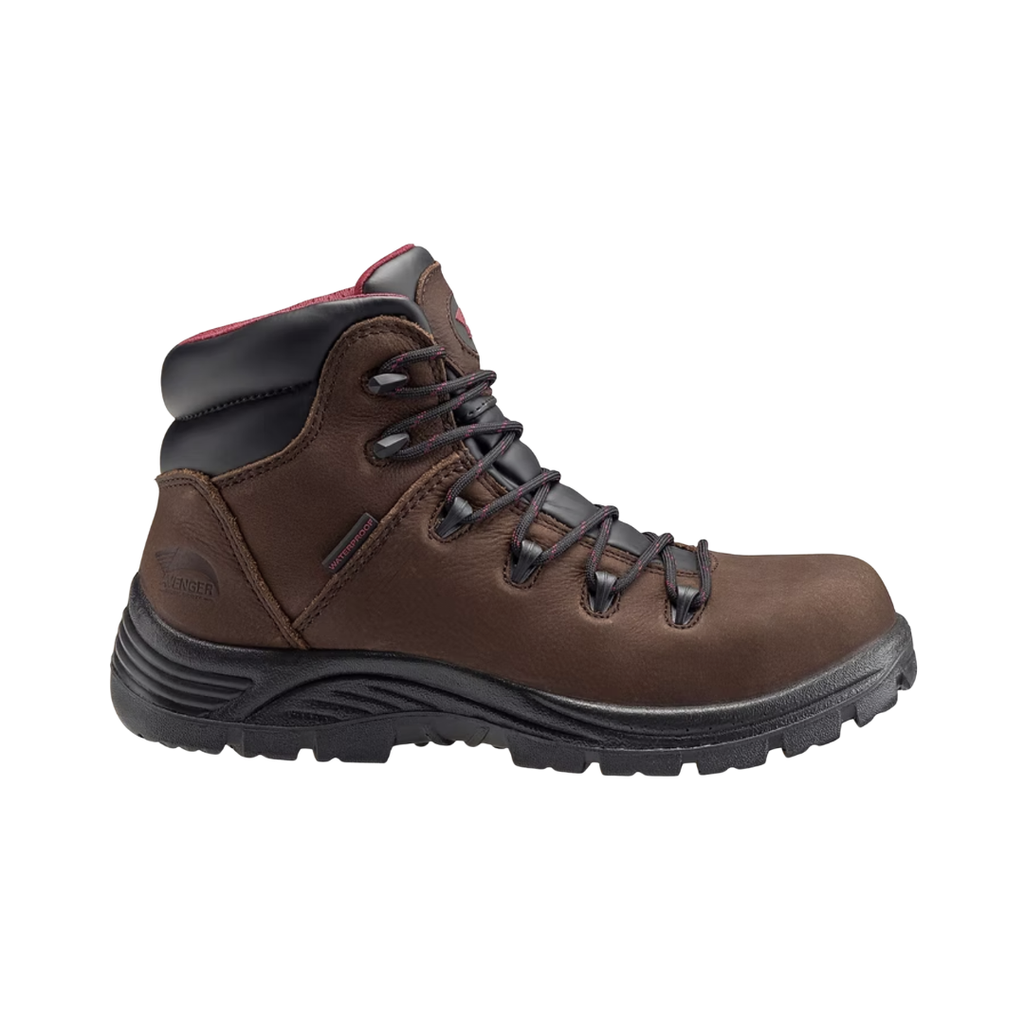 Side view of the Avenger Men’s Framer 6" Waterproof Composite Toe Boot in Brown featuring a rugged full-grain waterproof leather upper, 6-inch work boot design, ASTM-rated composite safety toe, removable PUREcomfort® dual-density PU footbed, advanced cement construction, and durable outsole built for demanding construction, framing, and industrial work environments.