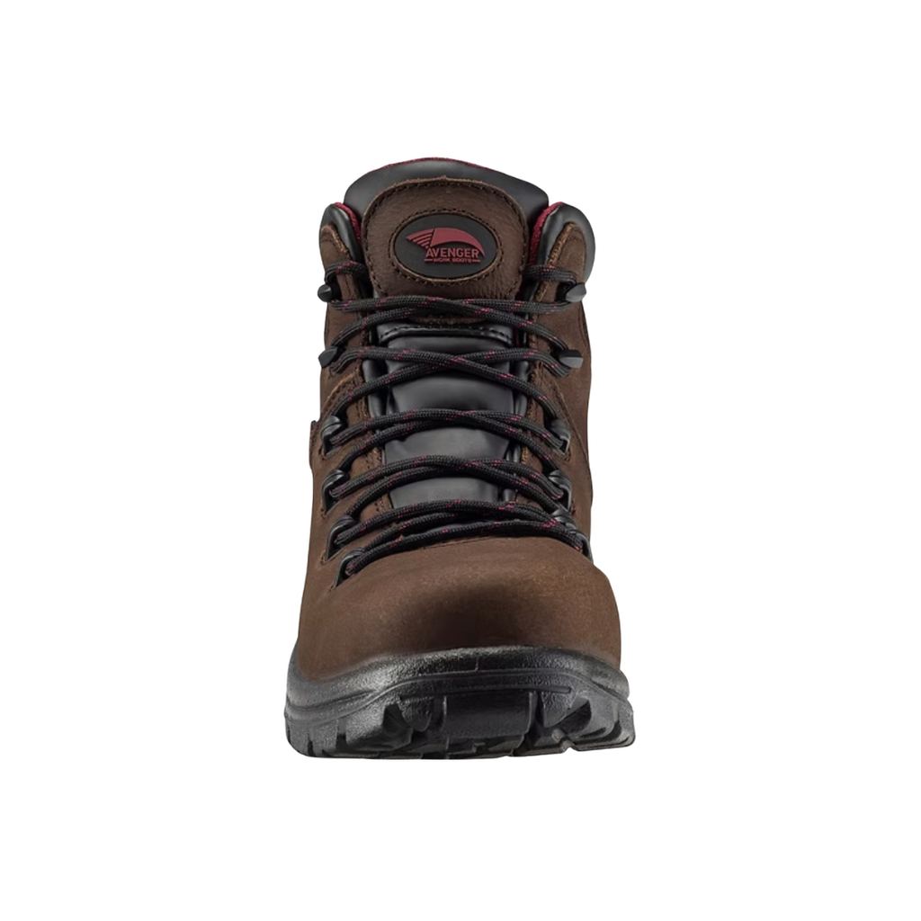Front view of the Avenger Men’s Framer 6" Waterproof Composite Toe Boot in Brown showcasing the lightweight ASTM F2413-18 composite safety toe, reinforced leather toe construction, and durable work boot design created for protection, comfort, and additional forefoot space during long workdays.