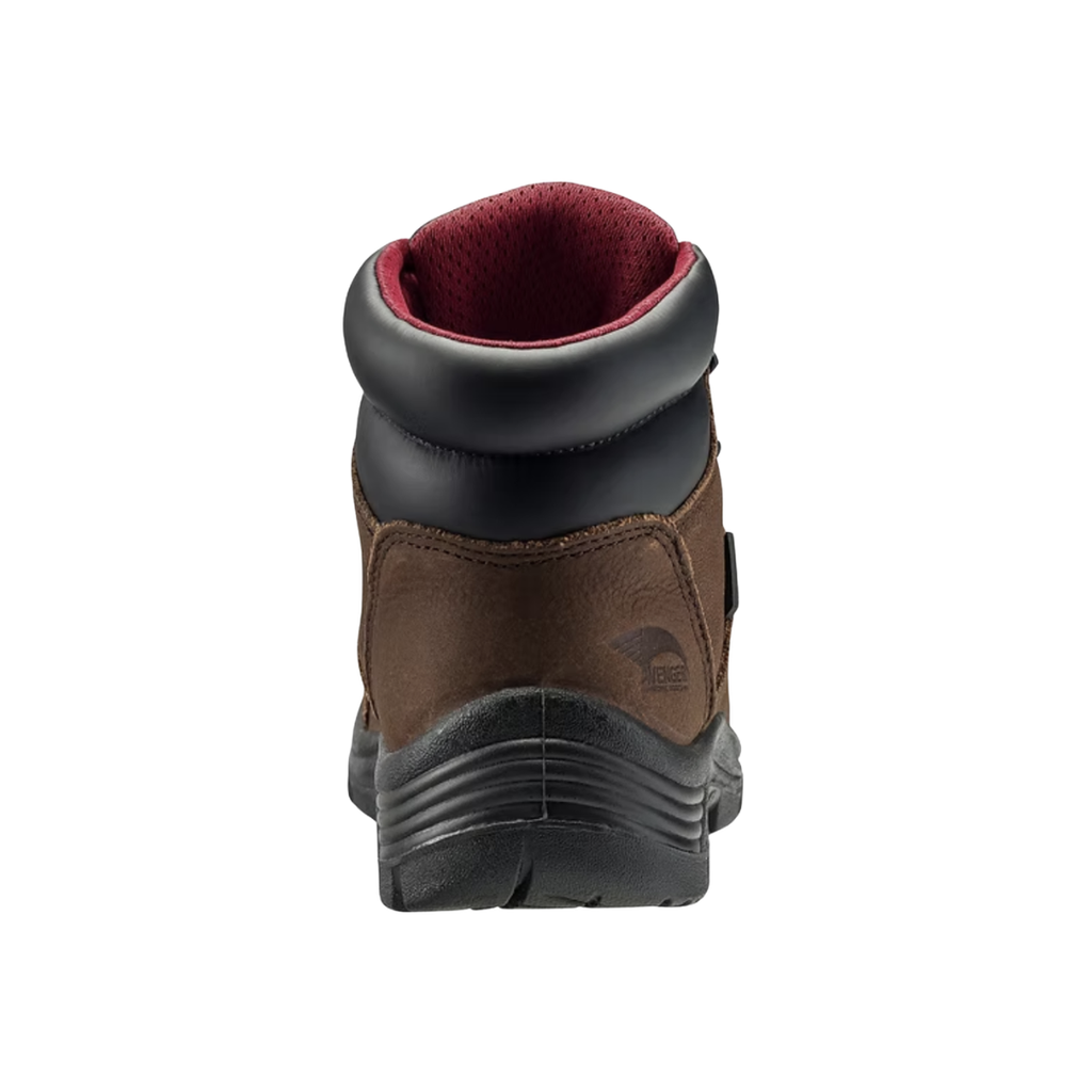 Back heel view of the Avenger Men’s Framer 6" Waterproof Composite Toe Boot in Brown highlighting the supportive 6-inch ankle design, reinforced heel construction, padded collar, waterproof leather upper, and stable outsole platform engineered for enhanced durability, stability, and all-day comfort.