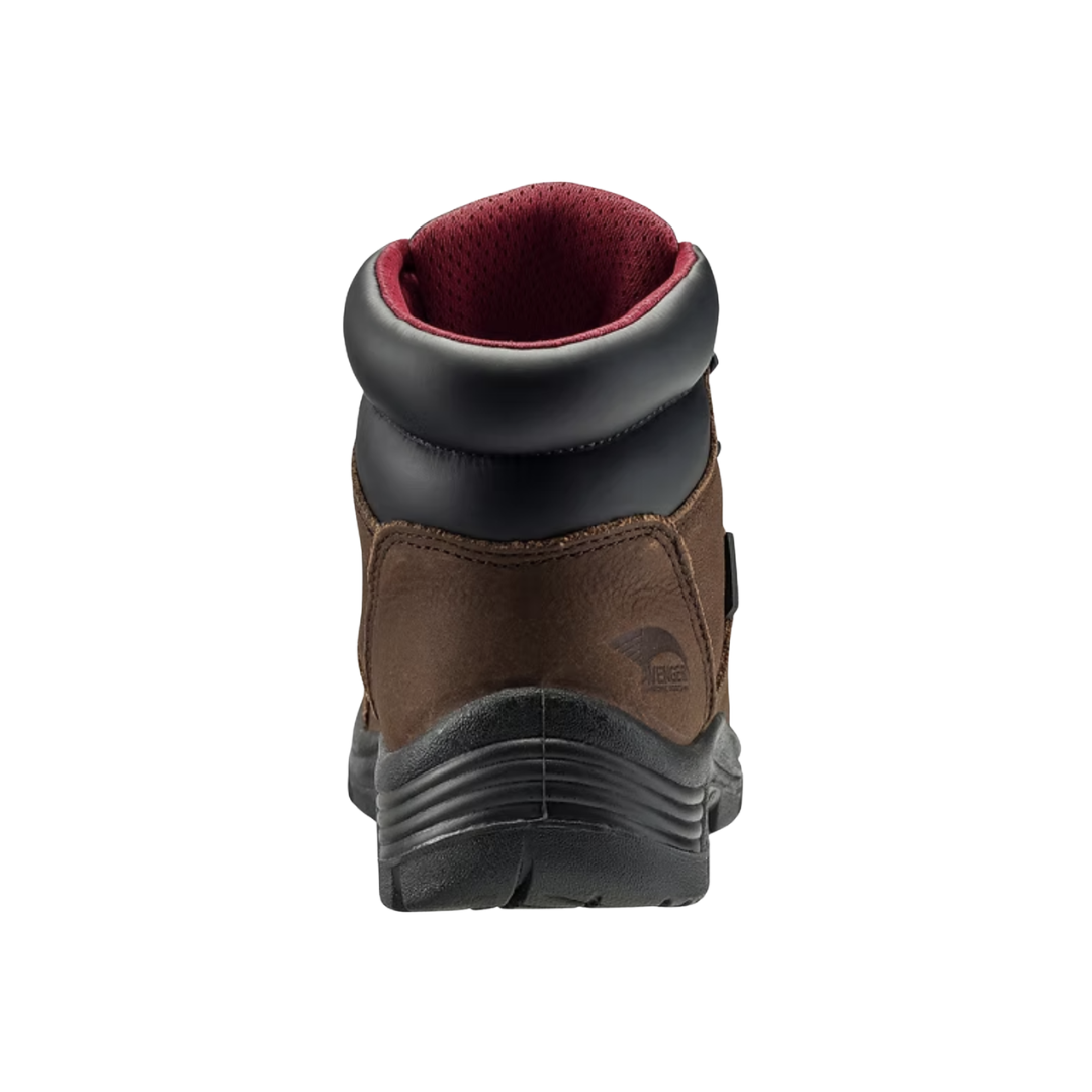 Back heel view of the Avenger Men’s Framer 6" Waterproof Composite Toe Boot in Brown highlighting the supportive 6-inch ankle design, reinforced heel construction, padded collar, waterproof leather upper, and stable outsole platform engineered for enhanced durability, stability, and all-day comfort.