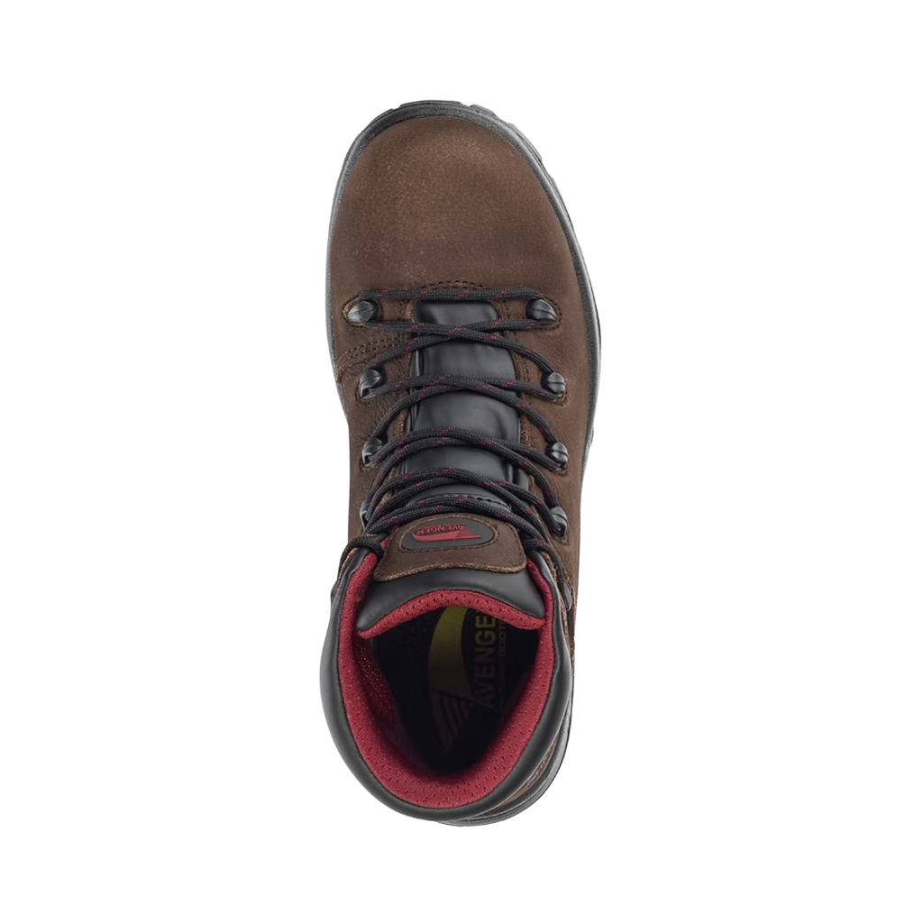 Top view of the Avenger Men’s Framer 6" Waterproof Composite Toe Boot in Brown displaying the premium waterproof leather upper, lace-up closure, padded collar and tongue, breathable interior lining, and removable PUREcomfort® dual-density PU footbed designed for shock absorption, arch support, and custom orthotic compatibility.