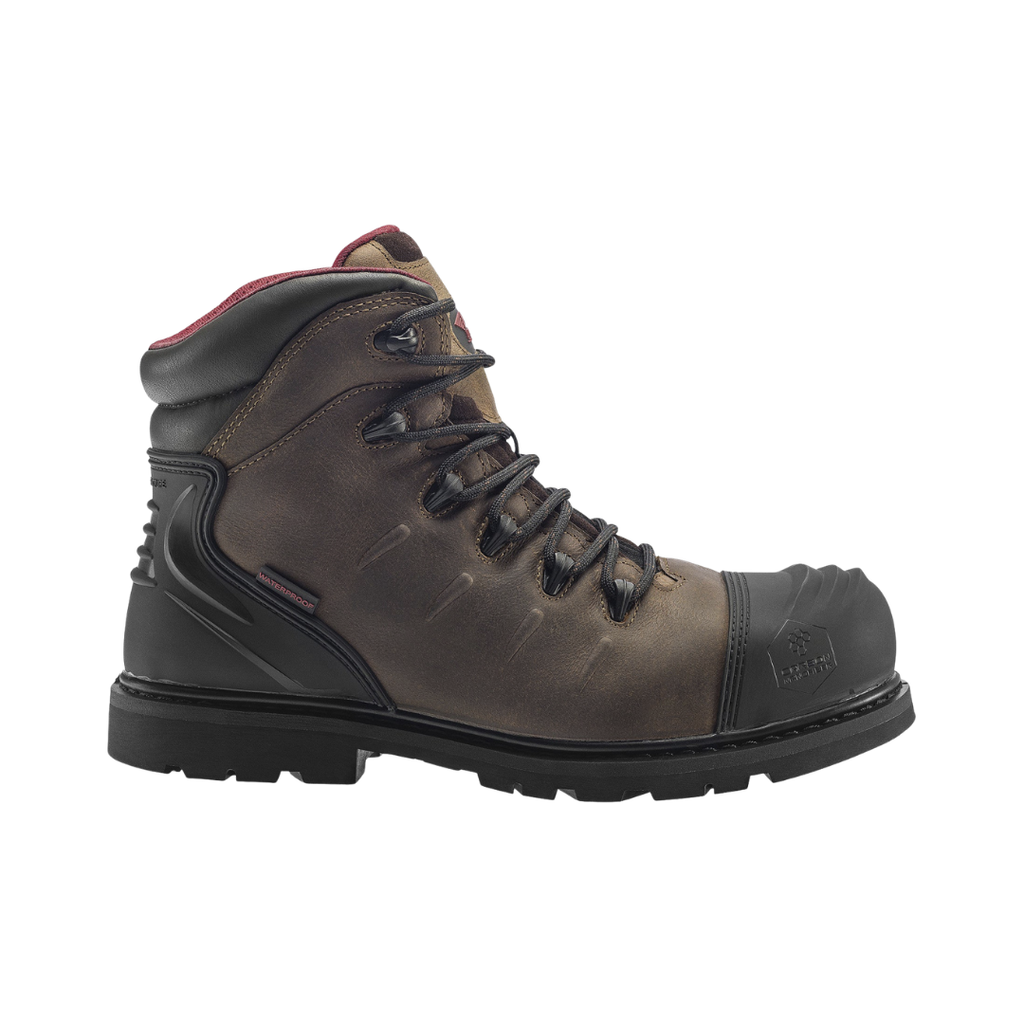 Side view of the Avenger Men’s Hammer Carbon Toe Boot in Brown featuring a rugged full-grain leather upper, waterproof membrane construction, ASTM-rated carbon nano safety toe, cushioned PU insole, cement construction, and oil- & slip-resistant outsole designed for demanding work environments.
